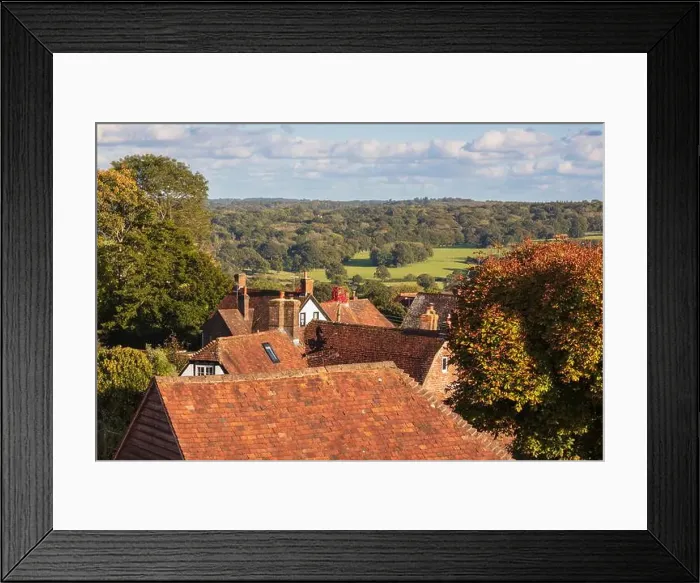 Framed Print : View of High Weald landscape behind village cottage rooftops, Burwash, East Sussex, England, United Kingdom, Europe Framed Print : View of High Weald landscape behind village cottage rooftops, Burwash, East Sussex, England, United Kingdom, Europe