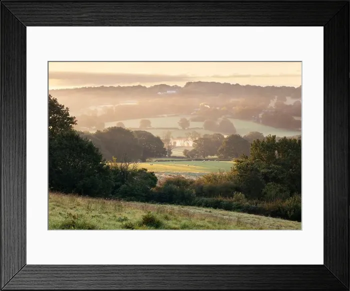 Framed Print : Misty sunrise view over High Weald landscape, Burwash, East Sussex, England, United Kingdom, Europe Framed Print : Misty sunrise view over High Weald landscape, Burwash, East Sussex, England, United Kingdom, Europe