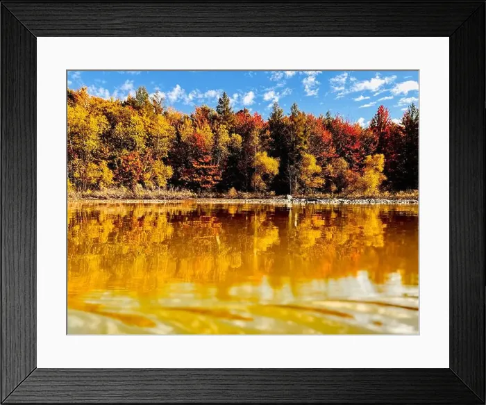 Framed Print : Reservoir Choiniere, Yamaska, Quebec, Canada - view of the shores in Autumn. Fall landscape