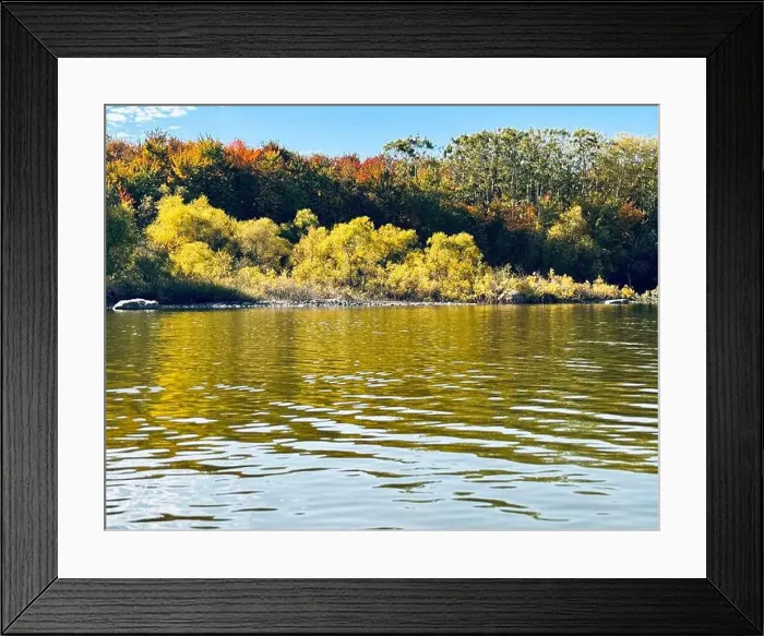 Framed Print : Reservoir Choiniere, Yamaska, Quebec, Canada - view of the shores in Autumn. Fall landscape