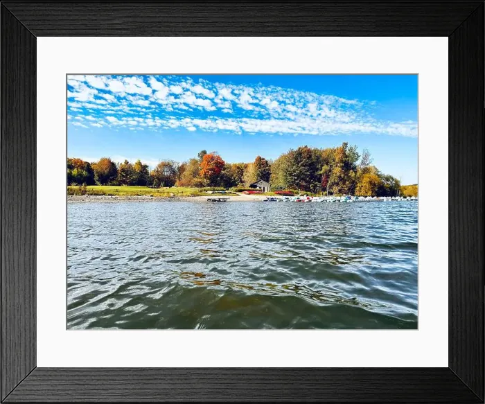 Framed Print : Reservoir Choiniere, Yamaska, Quebec, Canada - view of the shores in Autumn. Fall landscape