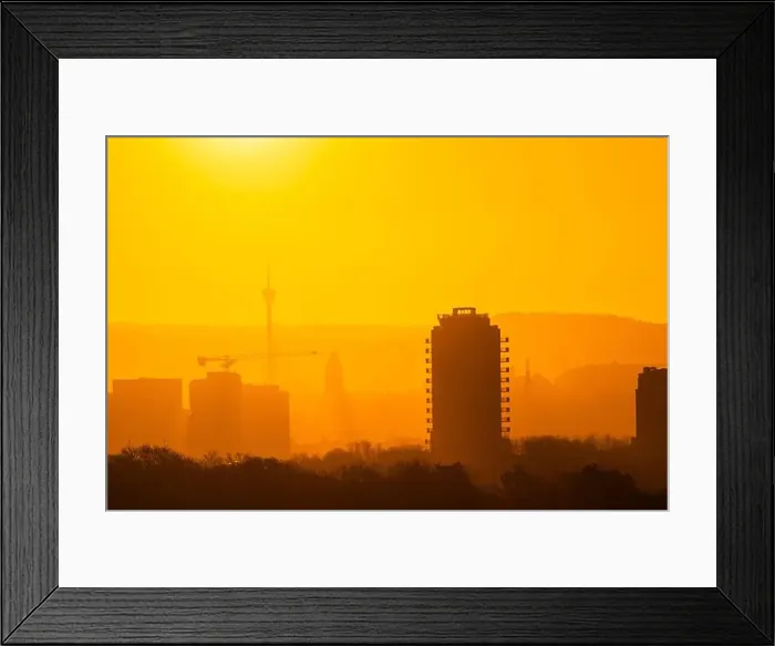 Framed Print : Gothenburg, Sweden - March 07 2024: City silhouette on a golden sunrise morning
