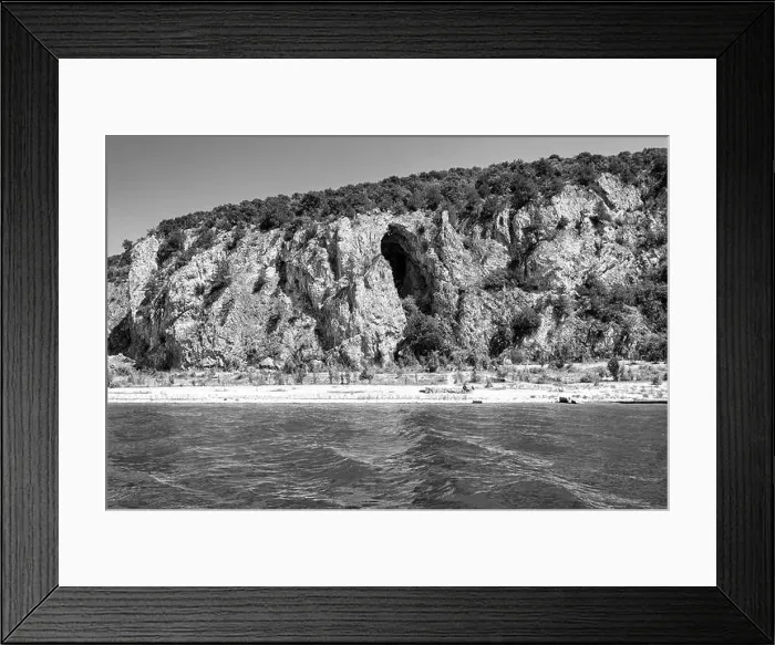 Framed Print : A black-and-white image of a rocky cliff at Megali Prespa Lake Framed Print : A black-and-white image of a rocky cliff at Megali Prespa Lake