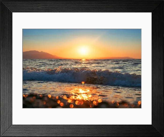 Framed Print : Aegean sea wave crashing at sandy beach of Vrasna, Greece. Selective focus Framed Print : Aegean sea wave crashing at sandy beach of Vrasna, Greece. Selective focus