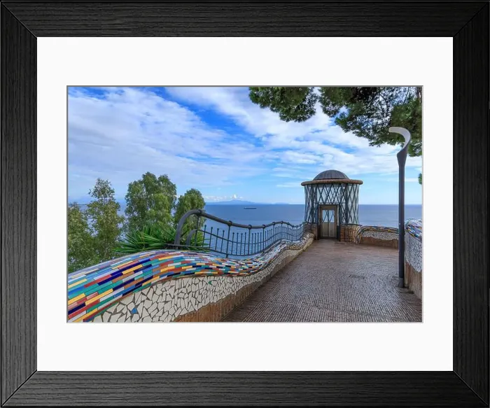 Framed Print : View of the town of Vietri sul Mare in Italy: glimpse of municipal villa decorated with typical polychrome majolica Framed Print : View of the town of Vietri sul Mare in Italy: glimpse of municipal villa decorated with typical polychrome majolica