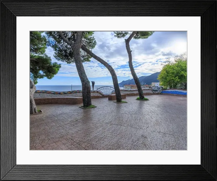 Framed Print : View of the town of Vietri sul Mare in Italy: glimpse of municipal villa decorated with typical polychrome majolica Framed Print : View of the town of Vietri sul Mare in Italy: glimpse of municipal villa decorated with typical polychrome majolica
