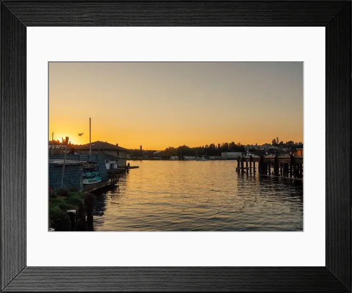 Framed Print : sunset from Eastlake in Seattle with seaplane landing on Lake Union Framed Print : sunset from Eastlake in Seattle with seaplane landing on Lake Union