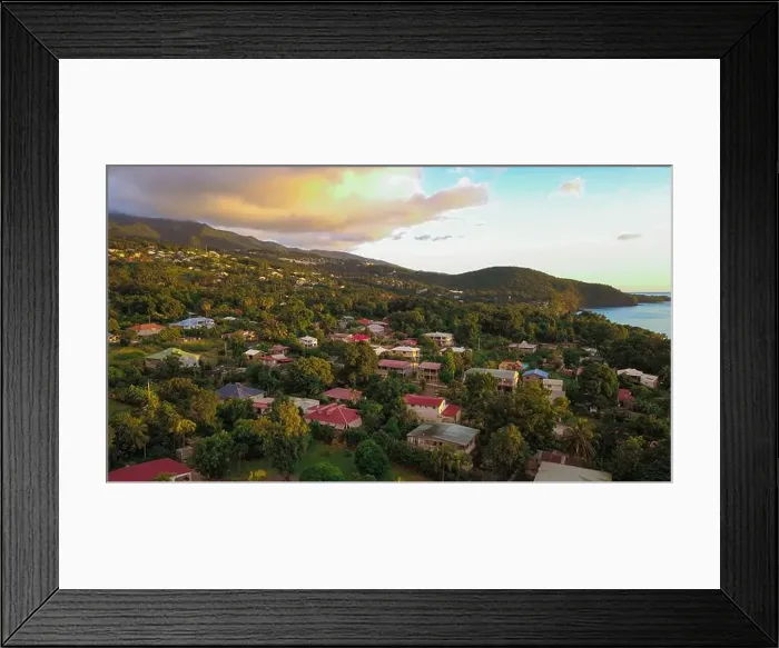 Framed Print : Colorful Houses among the green trees on the Guadalupe hills, Caribbean islands Framed Print : Colorful Houses among the green trees on the Guadalupe hills, Caribbean islands