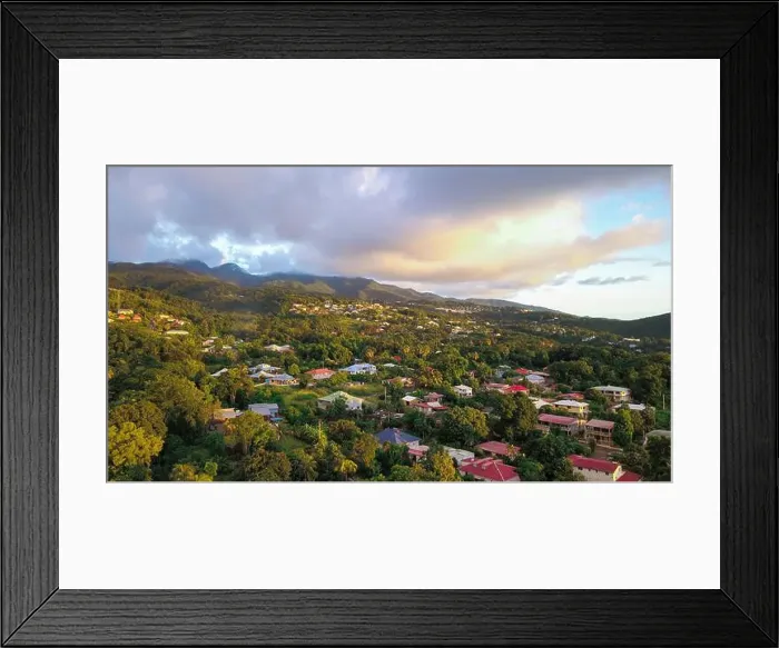Framed Print : Colorful Houses among the green trees on the Guadalupe hills, Caribbean islands Framed Print : Colorful Houses among the green trees on the Guadalupe hills, Caribbean islands