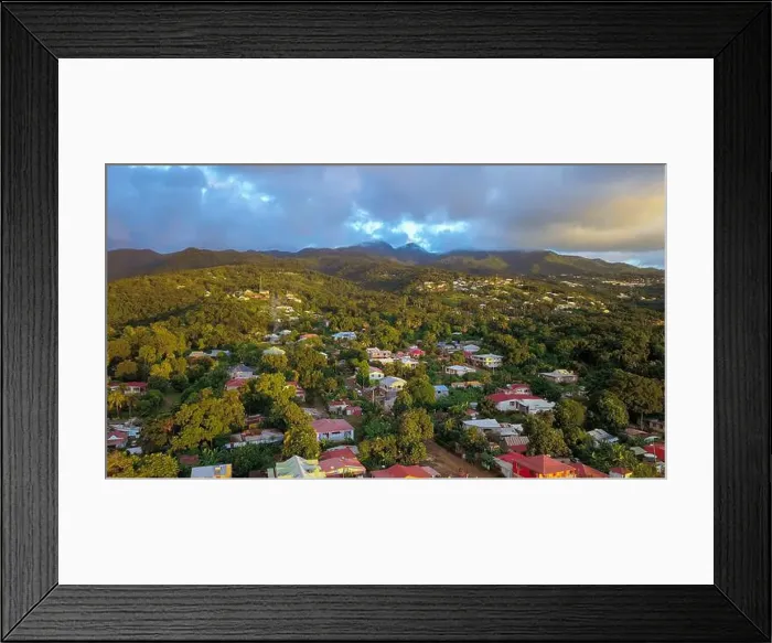Framed Print : Colorful Houses among the green trees on the Guadalupe hills, Caribbean islands Framed Print : Colorful Houses among the green trees on the Guadalupe hills, Caribbean islands