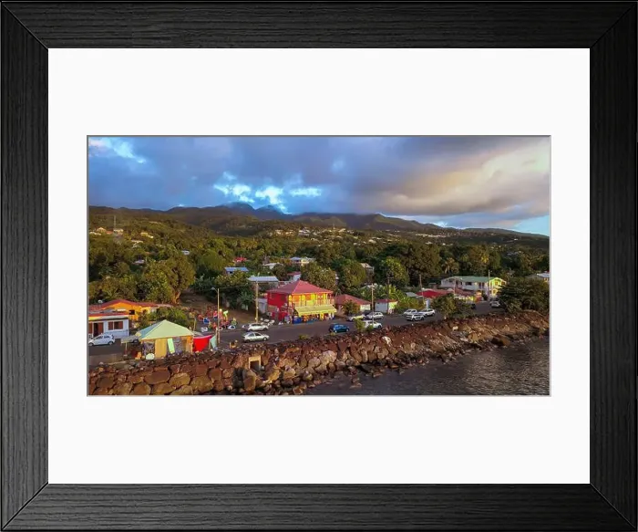 Framed Print : Colorful Houses among the green trees on the Guadalupe hills, Caribbean islands Framed Print : Colorful Houses among the green trees on the Guadalupe hills, Caribbean islands
