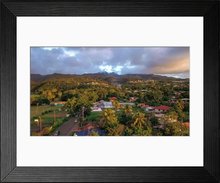 Framed Print : Colorful Houses among the green trees on the Guadalupe hills, Caribbean islands Framed Print : Colorful Houses among the green trees on the Guadalupe hills, Caribbean islands