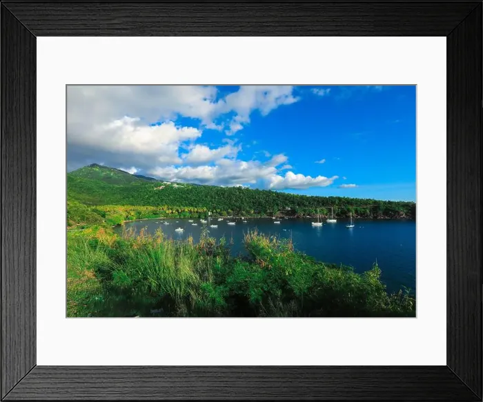 Framed Print : Colorful Bay with the Small Boats among the Green Mountains, Guadeloupe island Framed Print : Colorful Bay with the Small Boats among the Green Mountains, Guadeloupe island