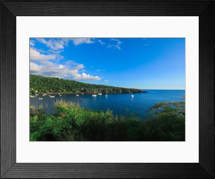 Framed Print : Colorful Bay with the Small Boats among the Green Mountains, Guadeloupe island Framed Print : Colorful Bay with the Small Boats among the Green Mountains, Guadeloupe island