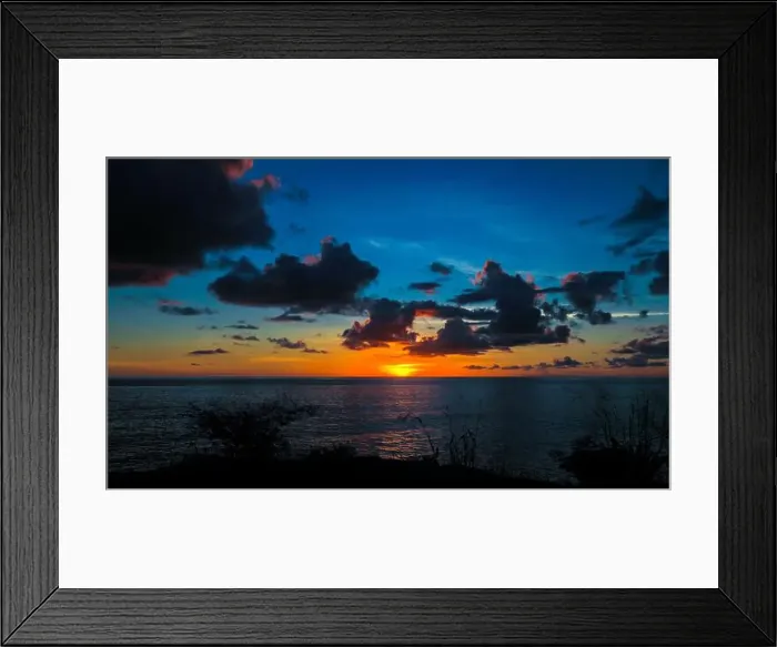 Framed Print : Spectacular Sunset with the Golden Sunlight and Cloudy Sky on the Guadeloupe, Caribbean islands Framed Print : Spectacular Sunset with the Golden Sunlight and Cloudy Sky on the Guadeloupe, Caribbean islands