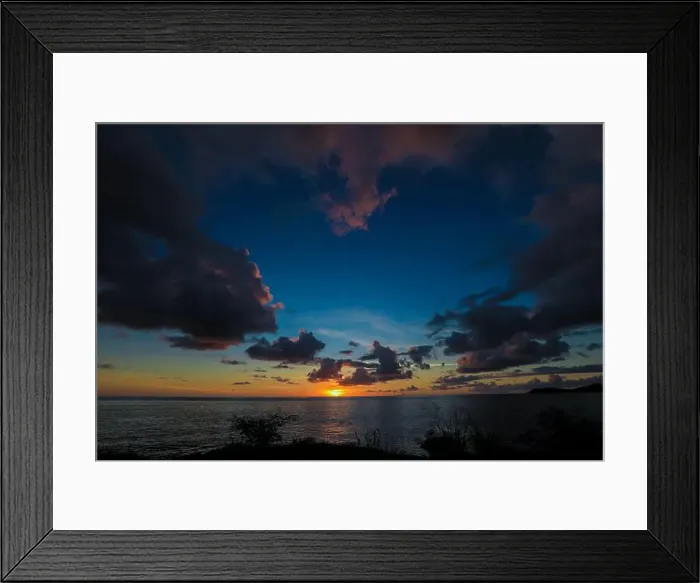 Framed Print : Spectacular Sunset with the Golden Sunlight and Cloudy Sky on the Guadeloupe, Caribbean islands Framed Print : Spectacular Sunset with the Golden Sunlight and Cloudy Sky on the Guadeloupe, Caribbean islands
