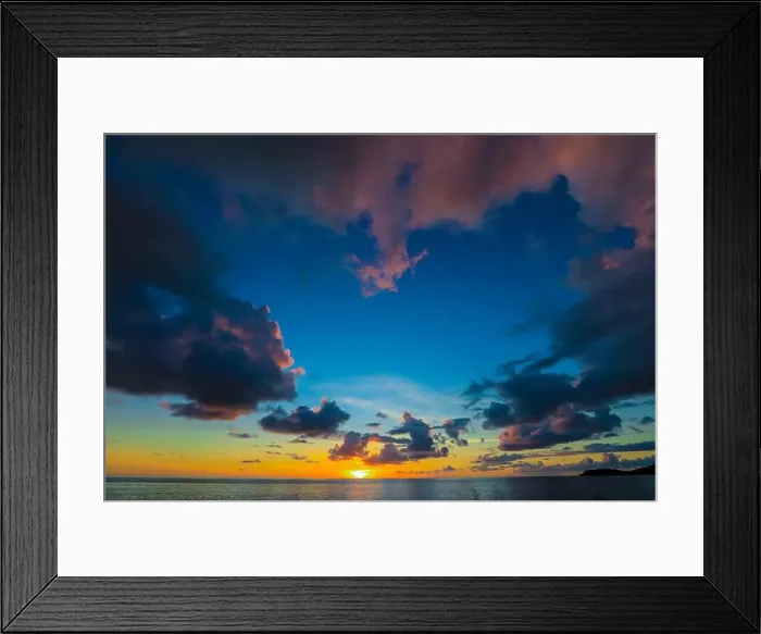 Framed Print : Spectacular Sunset with the Golden Sunlight and Cloudy Sky on the Guadeloupe, Caribbean islands Framed Print : Spectacular Sunset with the Golden Sunlight and Cloudy Sky on the Guadeloupe, Caribbean islands