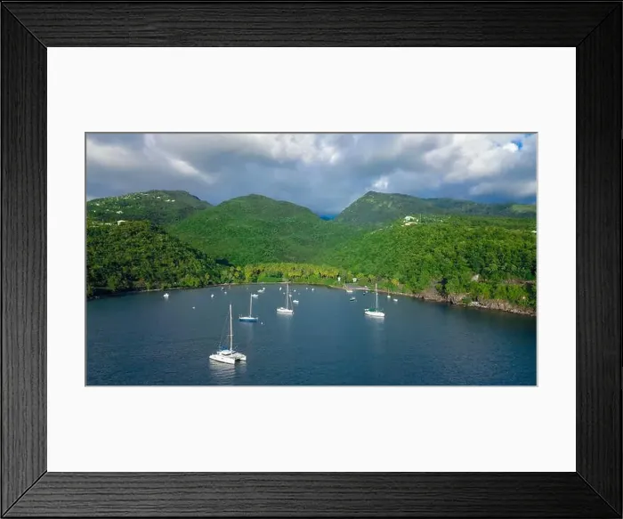Framed Print : Colorful Bay with the Small Boats among the Green Mountains, Guadeloupe island Framed Print : Colorful Bay with the Small Boats among the Green Mountains, Guadeloupe island