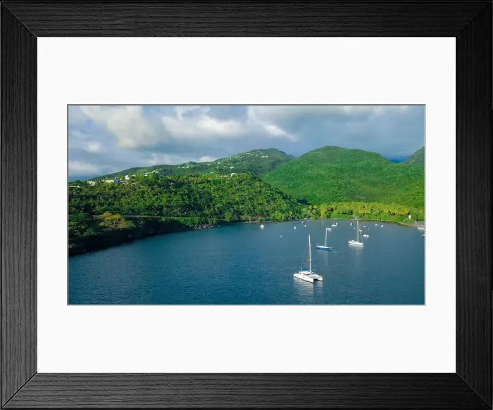 Framed Print : Colorful Bay with the Small Boats among the Green Mountains, Guadeloupe island Framed Print : Colorful Bay with the Small Boats among the Green Mountains, Guadeloupe island