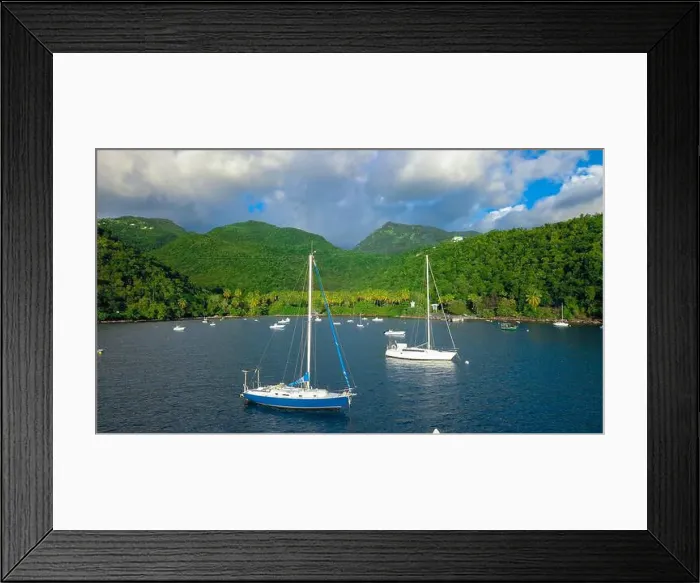 Framed Print : Colorful Bay with the Small Boats among the Green Mountains, Guadeloupe island Framed Print : Colorful Bay with the Small Boats among the Green Mountains, Guadeloupe island