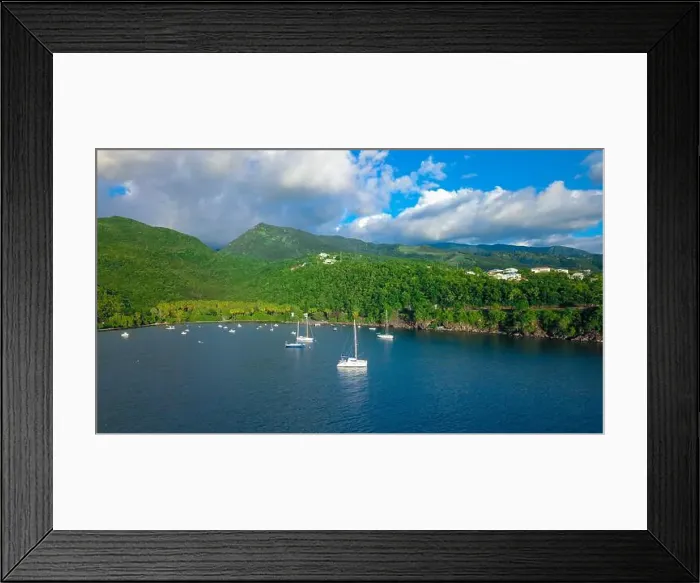 Framed Print : Colorful Bay with the Small Boats among the Green Mountains, Guadeloupe island Framed Print : Colorful Bay with the Small Boats among the Green Mountains, Guadeloupe island