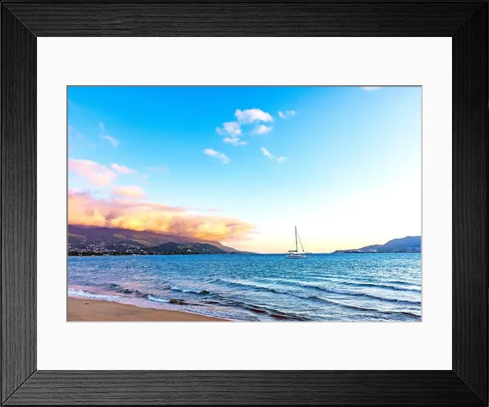 Framed Print : Sunset during summer on the island of Ilhabela with the sea and mountains around Framed Print : Sunset during summer on the island of Ilhabela with the sea and mountains around