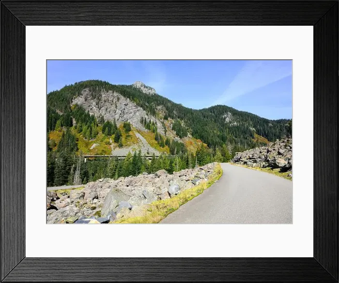 Framed Print : Old road climbing Snoqualmie Pass as National Forest NF 58 an alternative to Interstate 90 over a rocky mountainside Framed Print : Old road climbing Snoqualmie Pass as National Forest NF 58 an alternative to Interstate 90 over a rocky mountainside