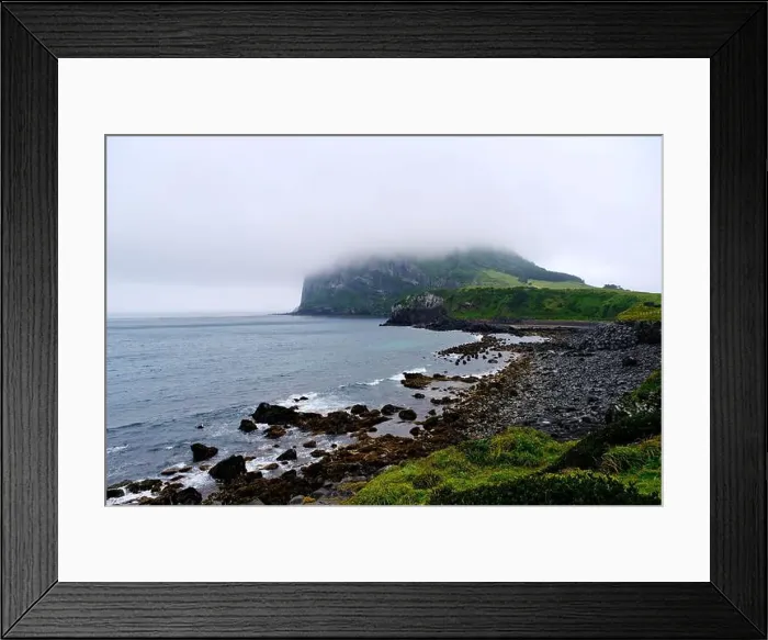 Framed Print : Seongsan Ilchulbong and sea coastline in Jeju Island, south Korea on cloudy day