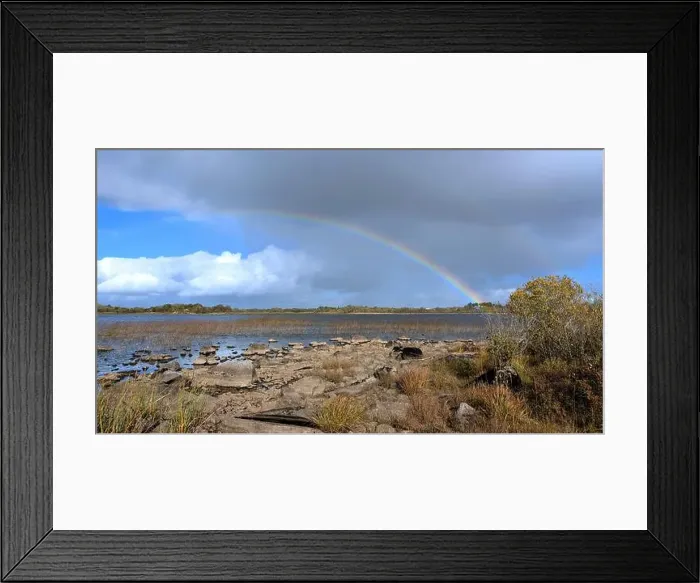 Framed Print : Beautiful lakeside landscape scenery, Rainbow over Ross lake at Rosscahill, Galway, Ireland, nature Framed Print : Beautiful lakeside landscape scenery, Rainbow over Ross lake at Rosscahill, Galway, Ireland, nature