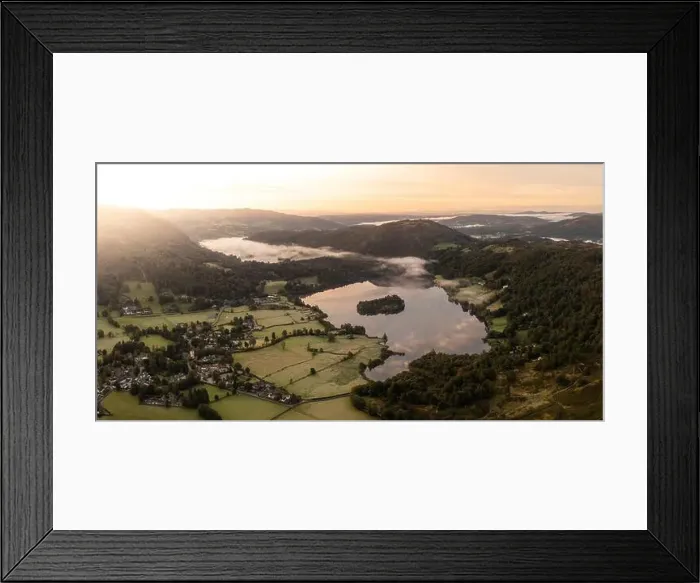 Framed Print : Aerial panoramic landscape of the Lake District village of Grasmere above Grasmere lake with low lying mist on a cold Framed Print : Aerial panoramic landscape of the Lake District village of Grasmere above Grasmere lake with low lying mist on a cold