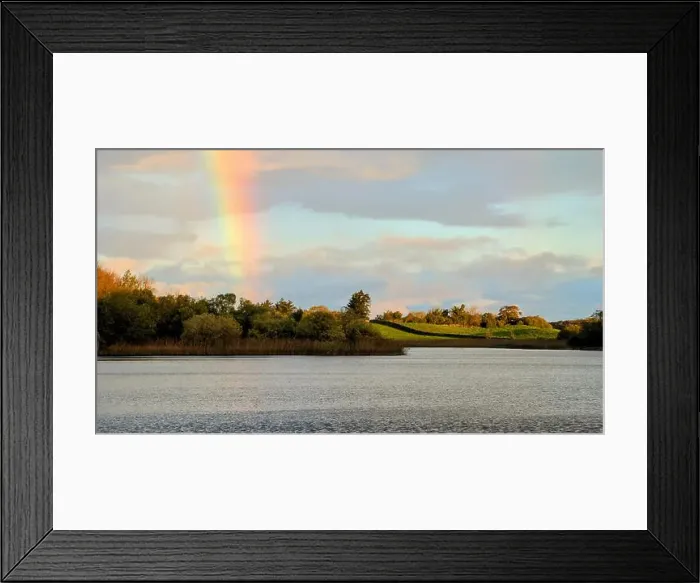 Framed Print : Beautiful lakeside landscape scenery, Rainbow over Ross lake at Rosscahill, Galway, Ireland, nature