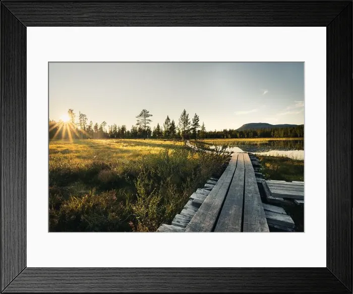 Framed Print : Golden hour bathes the grass and lake