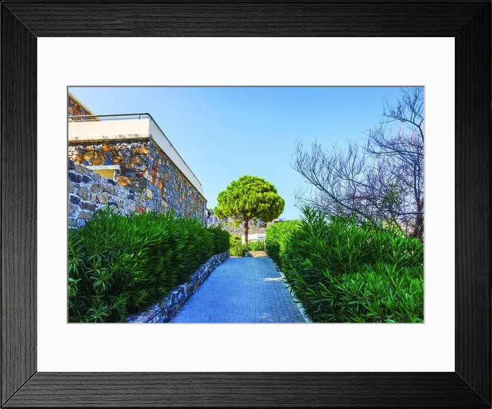Framed Print : Stone pathway surrounded by green bushes and tree with stone walls Framed Print : Stone pathway surrounded by green bushes and tree with stone walls