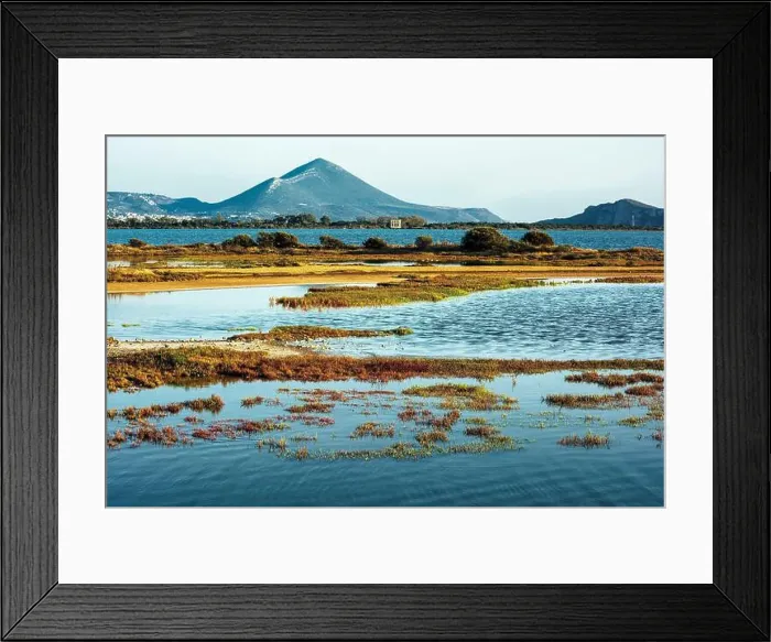 Framed Print : Lush wetlands with still waters at Gialova Lagoon Framed Print : Lush wetlands with still waters at Gialova Lagoon