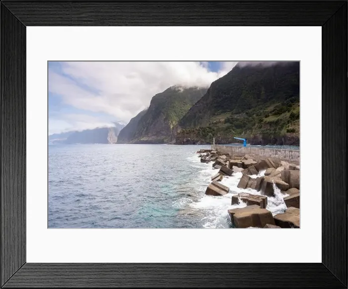 Framed Print : Seixal coastline with big cliffs and the Port with the Véu da Noiva waterfall in the background Framed Print : Seixal coastline with big cliffs and the Port with the Véu da Noiva waterfall in the background