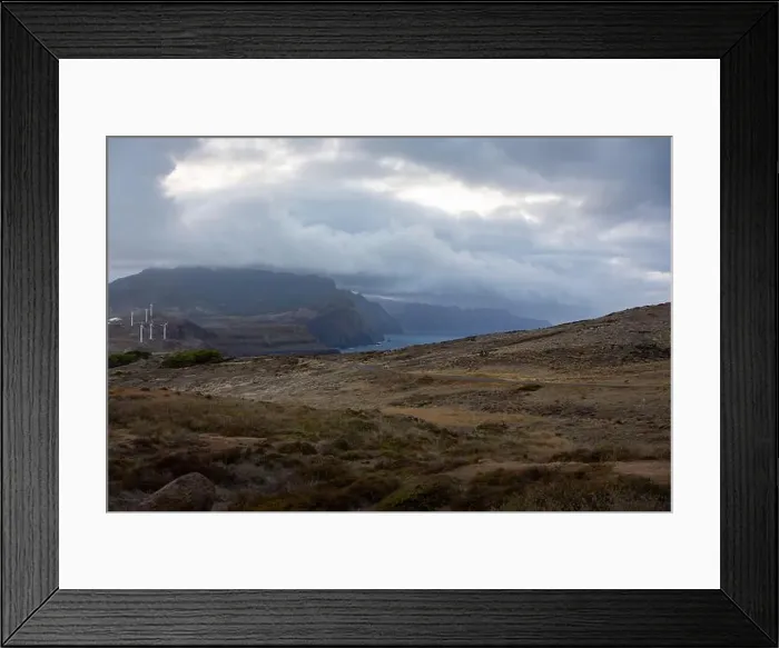 Framed Print : Landscape view from Miradouro da Ponta do Rosto viewpoint with the big cliffs on sea shore in Caniçal Framed Print : Landscape view from Miradouro da Ponta do Rosto viewpoint with the big cliffs on sea shore in Caniçal