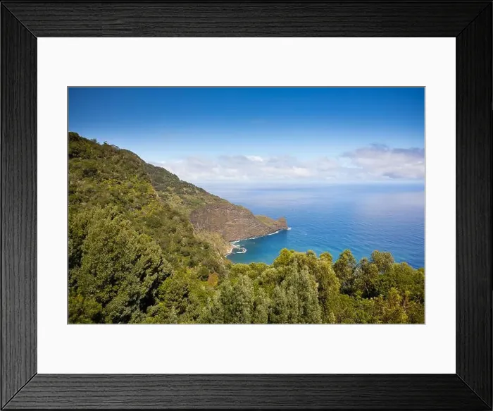 Framed Print : View of atlantic ocean with huge cliff of Ponta do Clérigo, from Curtado viewpoint in Santana. Madeira island, Portugal Framed Print : View of atlantic ocean with huge cliff of Ponta do Clérigo, from Curtado viewpoint in Santana. Madeira island, Portugal