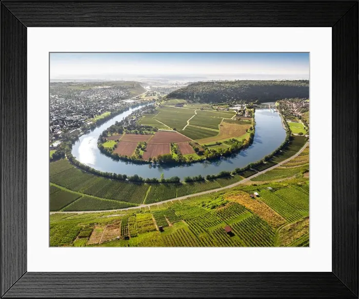 Framed Print : aerial view of the river loop in the Neckar Valley with its famous steep vineyards next to Mundelsheim Framed Print : aerial view of the river loop in the Neckar Valley with its famous steep vineyards next to Mundelsheim