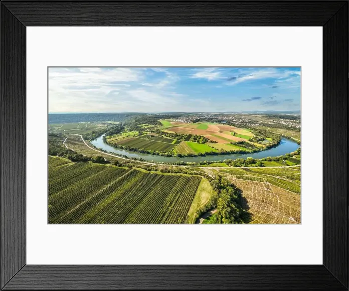 Framed Print : aerial view of the river loop in the Neckar Valley with its famous steep vineyards next to Mundelsheim Framed Print : aerial view of the river loop in the Neckar Valley with its famous steep vineyards next to Mundelsheim