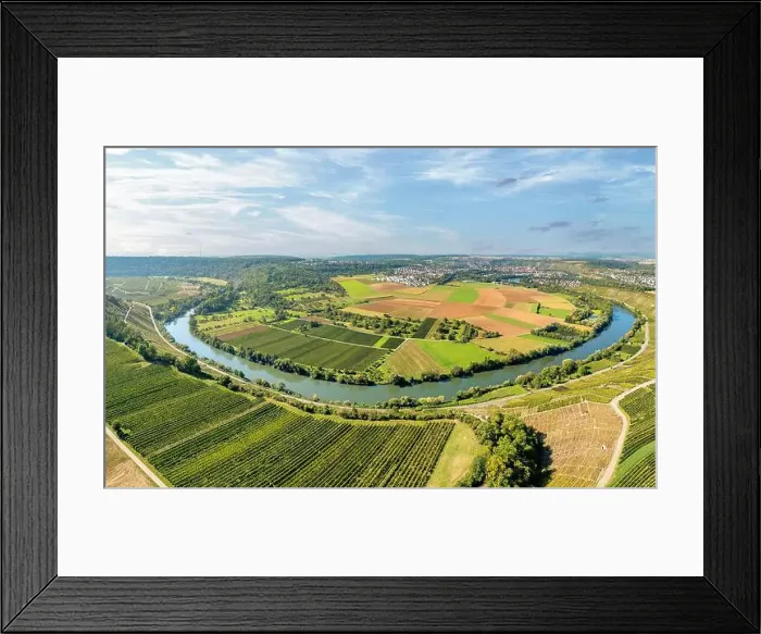 Framed Print : aerial view of the river loop in the Neckar Valley with its famous steep vineyards next to Mundelsheim Framed Print : aerial view of the river loop in the Neckar Valley with its famous steep vineyards next to Mundelsheim