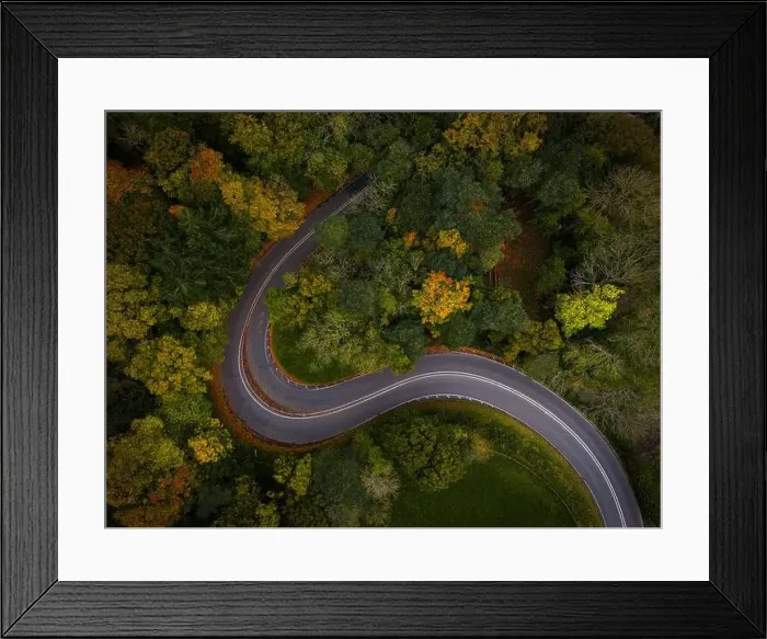 Framed Print : A winding road snakes through a tapestry of vibrant autumn trees Framed Print : A winding road snakes through a tapestry of vibrant autumn trees
