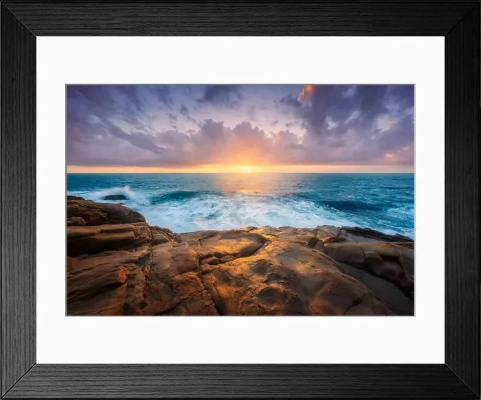 Framed Print : The sandstone rocks of Romito during a storm at sunset. Calafuria near Livorno, Tuscany region, Italy, Europe