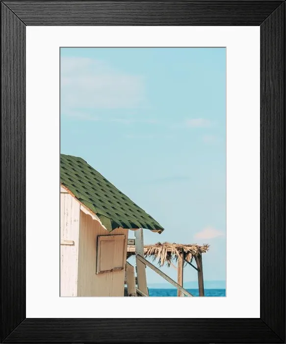 Framed Print : Wooden beach house at Aegean sea shoreline, selective focus Framed Print : Wooden beach house at Aegean sea shoreline, selective focus