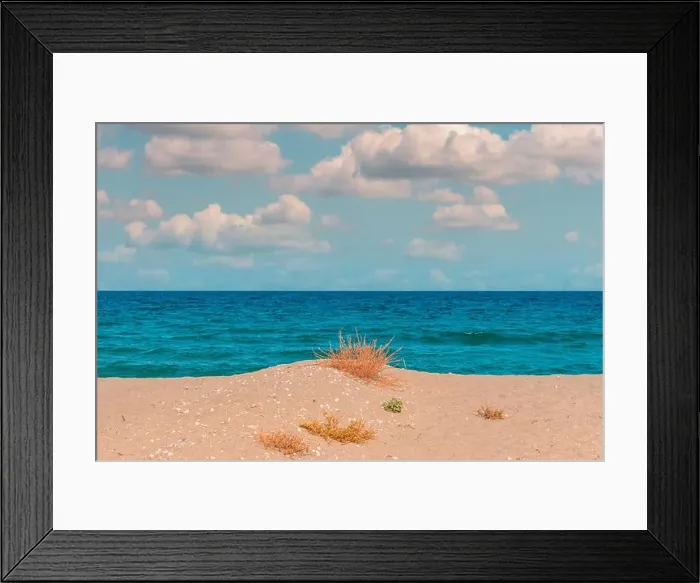 Framed Print : Aegean sea scenic landscape background, beautiful summer scenery seen from Asprovalta in Greece. Selective focus Framed Print : Aegean sea scenic landscape background, beautiful summer scenery seen from Asprovalta in Greece. Selective focus