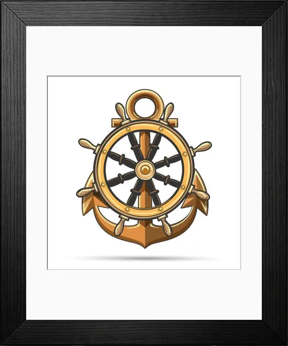 Framed Print : Emblem of Ship Wheel and Anchor isolated on white background. Vector illustration Framed Print : Emblem of Ship Wheel and Anchor isolated on white background. Vector illustration