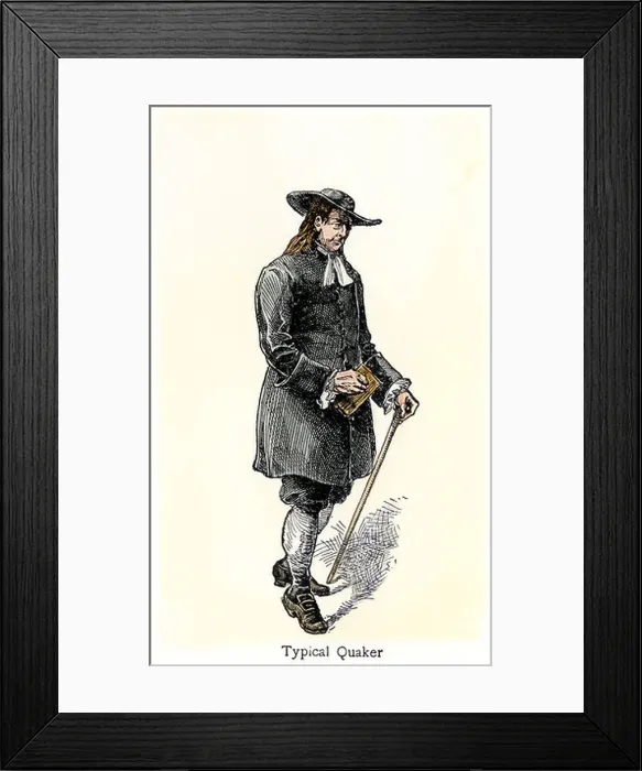 Framed Print : Typical Quaker in early Pennsylvania. Hand-colored woodcut Framed Print : Typical Quaker in early Pennsylvania. Hand-colored woodcut