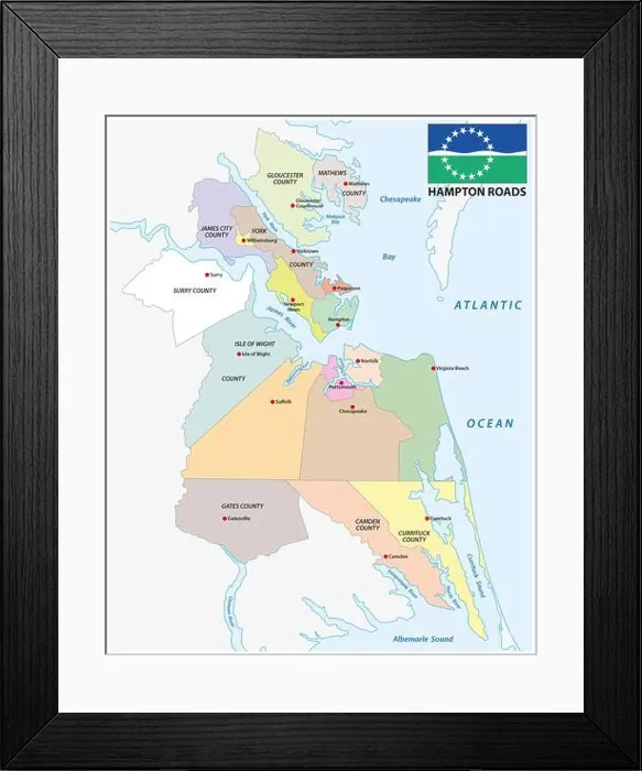 Framed Print : Vector map of Hampton Roads metropolitan area, Virginia, North Carolina, United States