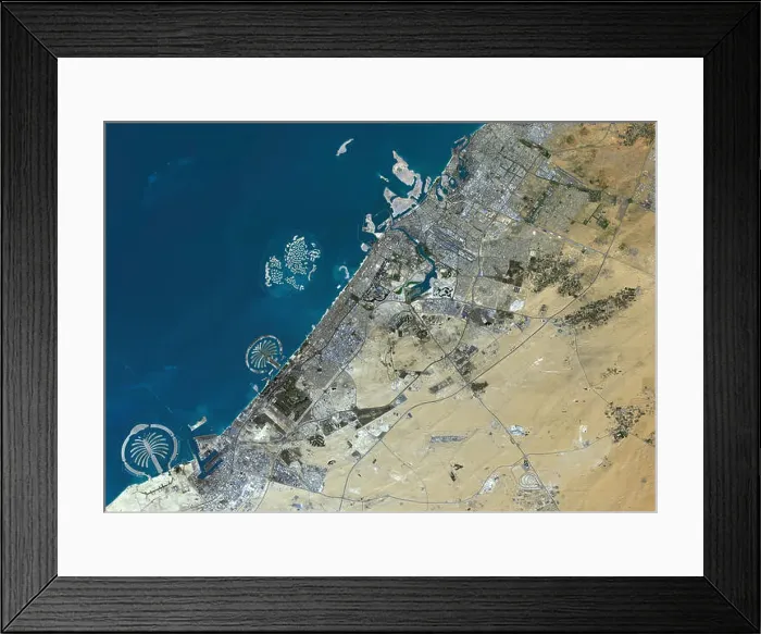 Framed Print : Colour satellite image of Dubai, United Arab Emirates. Image taken on December 25, 2013 with Landsat 8 data Framed Print : Colour satellite image of Dubai, United Arab Emirates. Image taken on December 25, 2013 with Landsat 8 data