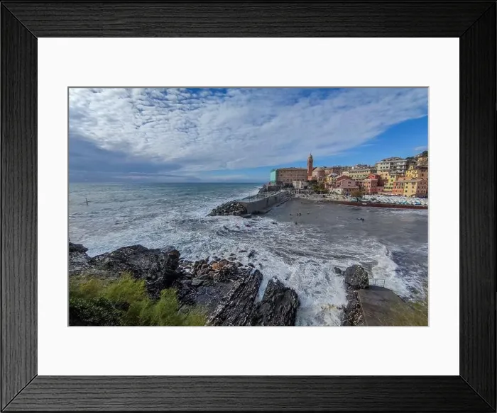 Framed Print : Kayaks in big waves in Genoa Nervi harbor during sea storm Framed Print : Kayaks in big waves in Genoa Nervi harbor during sea storm