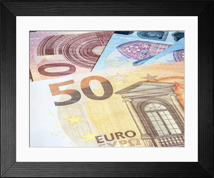 Framed Print : Close up on 50 Euro banknote with the European flag Framed Print : Close up on 50 Euro banknote with the European flag